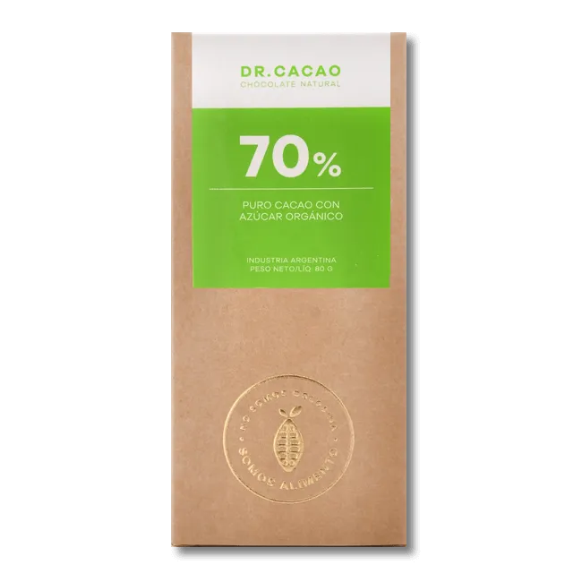 CHOCOLATE 70% CACAO C/AZUCAR ORGANICA | DR. CACAO x50g
