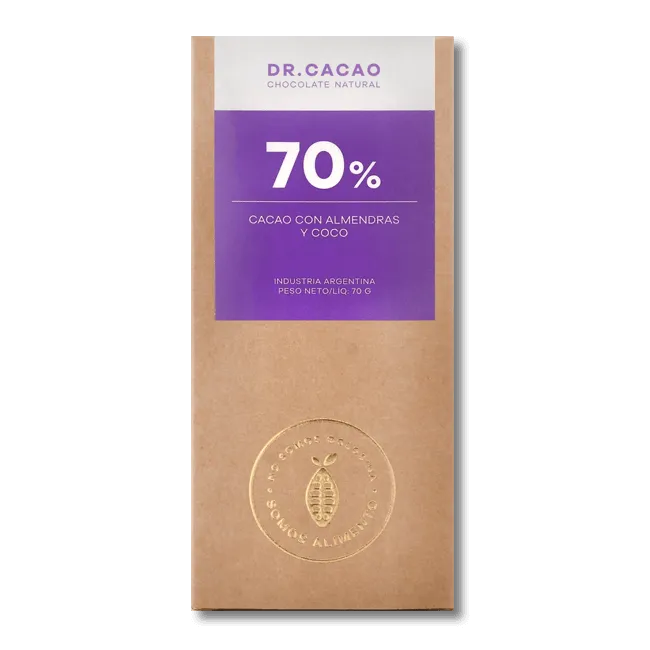 CHOCOLATE 70% CACAO C/ ALMENDRA Y COCO | DR. CACAO x50g